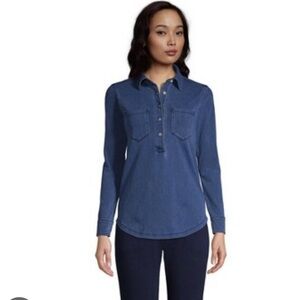 NWT LANDS’ END Sport Knit Soft Cotton Denim Blue Popover Tunic Size Small
